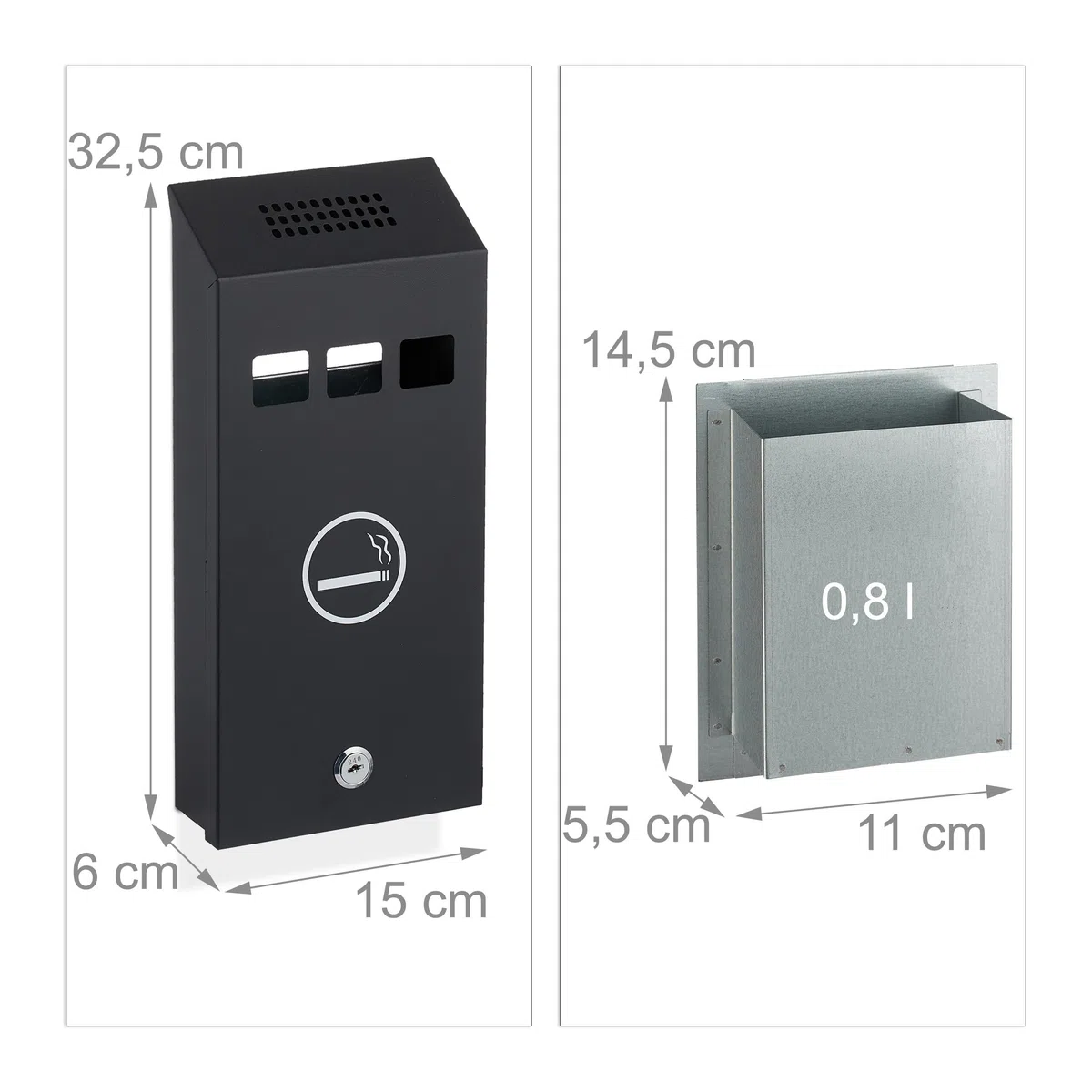 Relaxdays Cenicero de Pared para Exterior con Cerradura, de Metal, Montaje Mural, Medidas: 32,5 x 15 x 6 cm, Negro