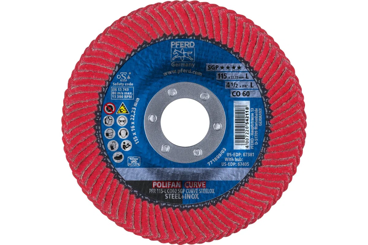 PFERD 67344 Polifan PFR - Disco de solapa tipo radial curvo, óxido de cerámica, diámetro de 5 pulgadas, agujero de eje de 7/8 pulgadas, 12200 RPM, grano 60