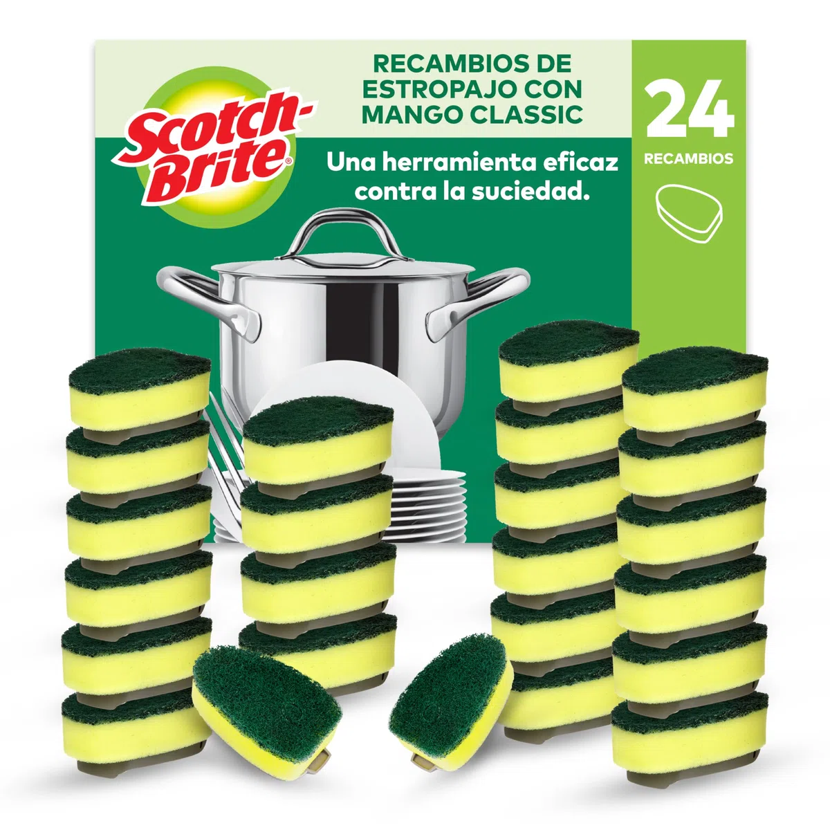 Scotch-Brite Recambios de Estropajo con Mango para tareas difíciles, 24 Unidades - para Limpiar Ollas, Sartenes y Bandejas de Horno