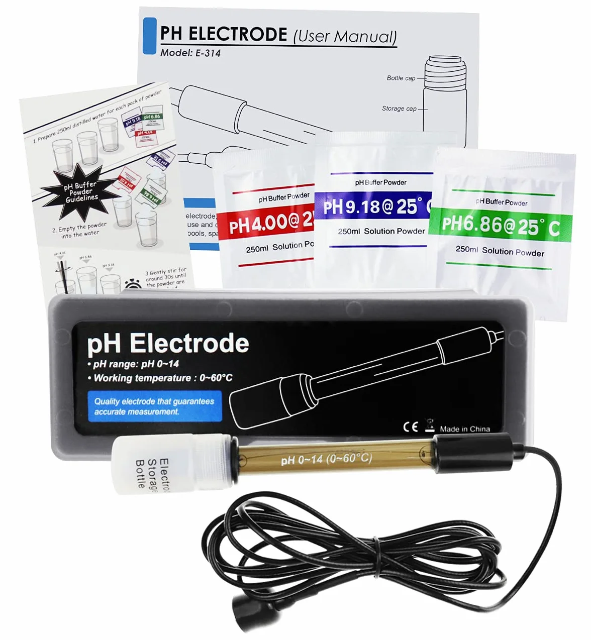 GAIN EXPRESS Electrodo de pH Combinado de Alta precisión para monitoreo Continuo del pH, sonda de pH 0-14 con Cable de Conector BNC de 200 cm de Largo y Kit de reemplazo de Polvo de calibración