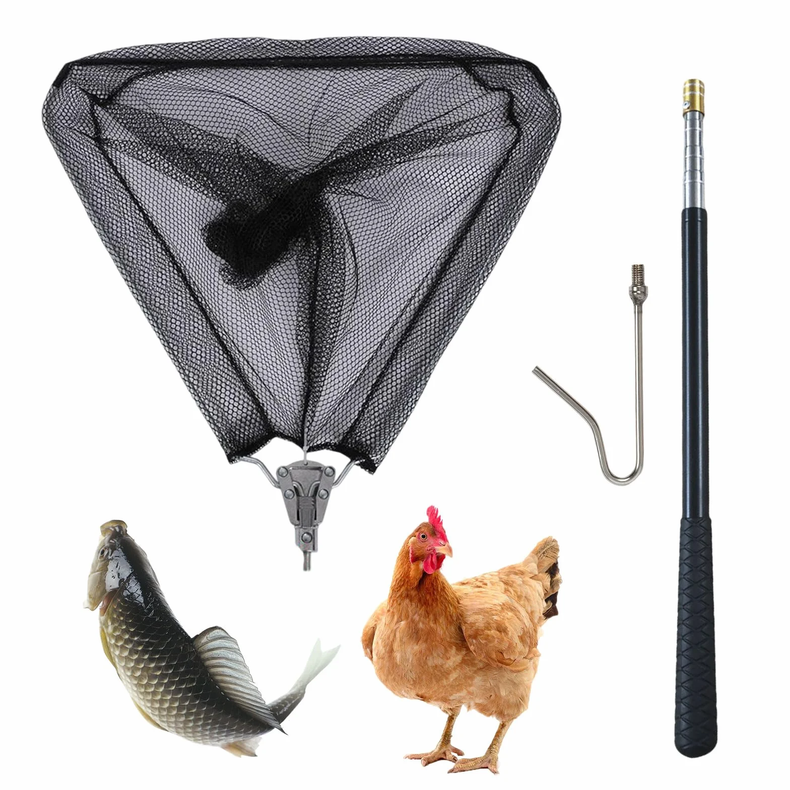 Gancho para las piernas retráctil de acero inoxidable 2 en 1, red de captura para aves de corral, atrapador de pájaros, pescado, pesca telescópica para pollo, pavo, ganso, pato