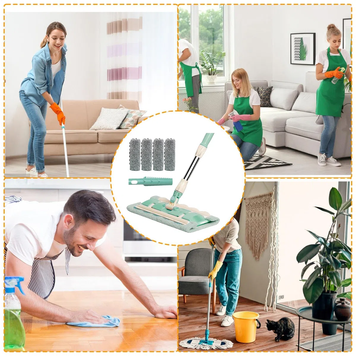 Serpilla para Suelo de parquet con 4 Cabezas Lavables, Incluye raspador de Polvo y Mango Ajustable Giratorio de 360 Grados para Limpieza