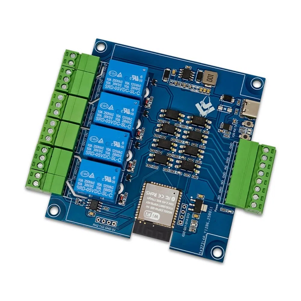 Módulo de Relé ESP32 Modbus de 4 Canales, 9-24 V, Tipo C, con RS485, Wifi, Bluetooth y Compatible con Modbus.