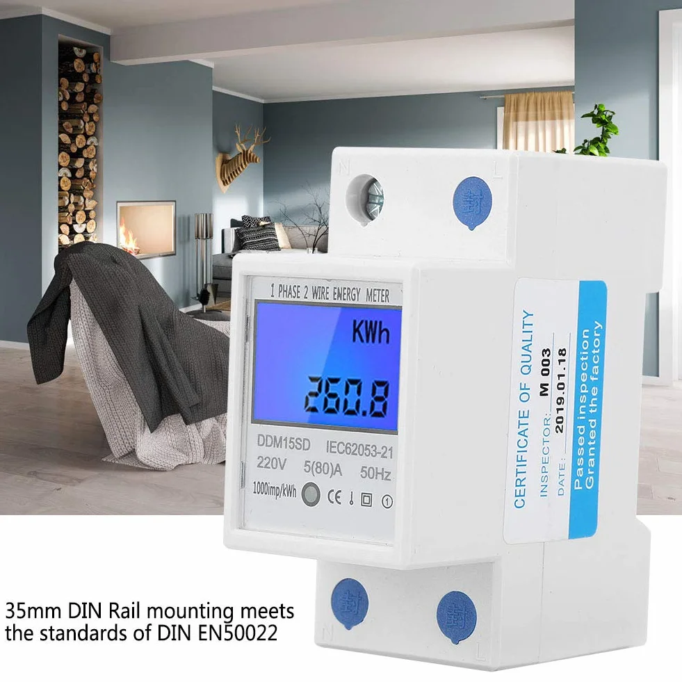 DDM15SD KWh Medidor de Energía Medidor de Energía Monofásico Pantalla Digital con Retroiluminación LCD 5-80a