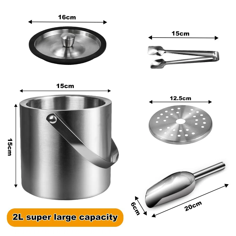 LPAMABA 2L/67OZ Eiskübel, enfriador de vino, enfriador latas con Asa y tapa, cubiteras para hielo grande de Acero Inoxidable, enfriador de botellas para Cerveza, Bebidas y Vino