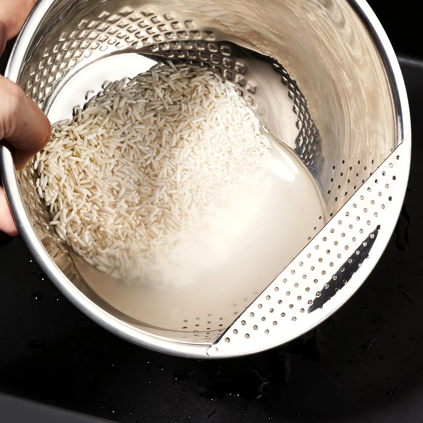 Reishunger Cuenco de lavado de arroz de acero inoxidable (aubergine) – colador para lavar arroz y verduras – Con base de silicona antideslizante