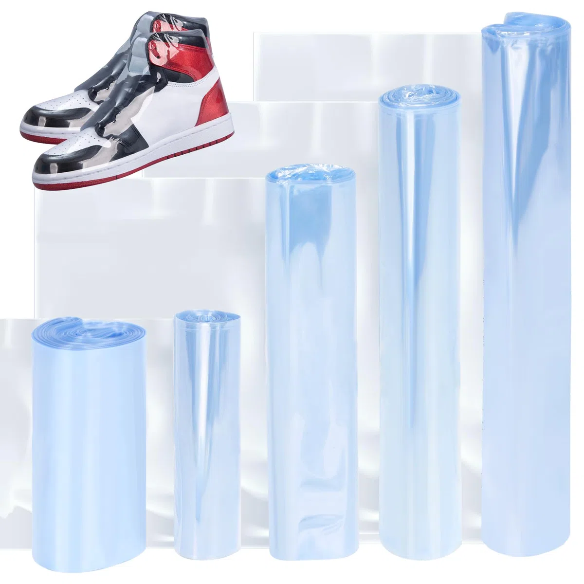 Swpeet 400 bolsas termocontraíbles de PVC transparente de 5 tamaños de 3.94 pulgadas, 6.31 pulgadas, 7.87 pulgadas, 6.4 pulgadas, kit surtido de bandas retráctiles perforadas para jabón, baño, bombas