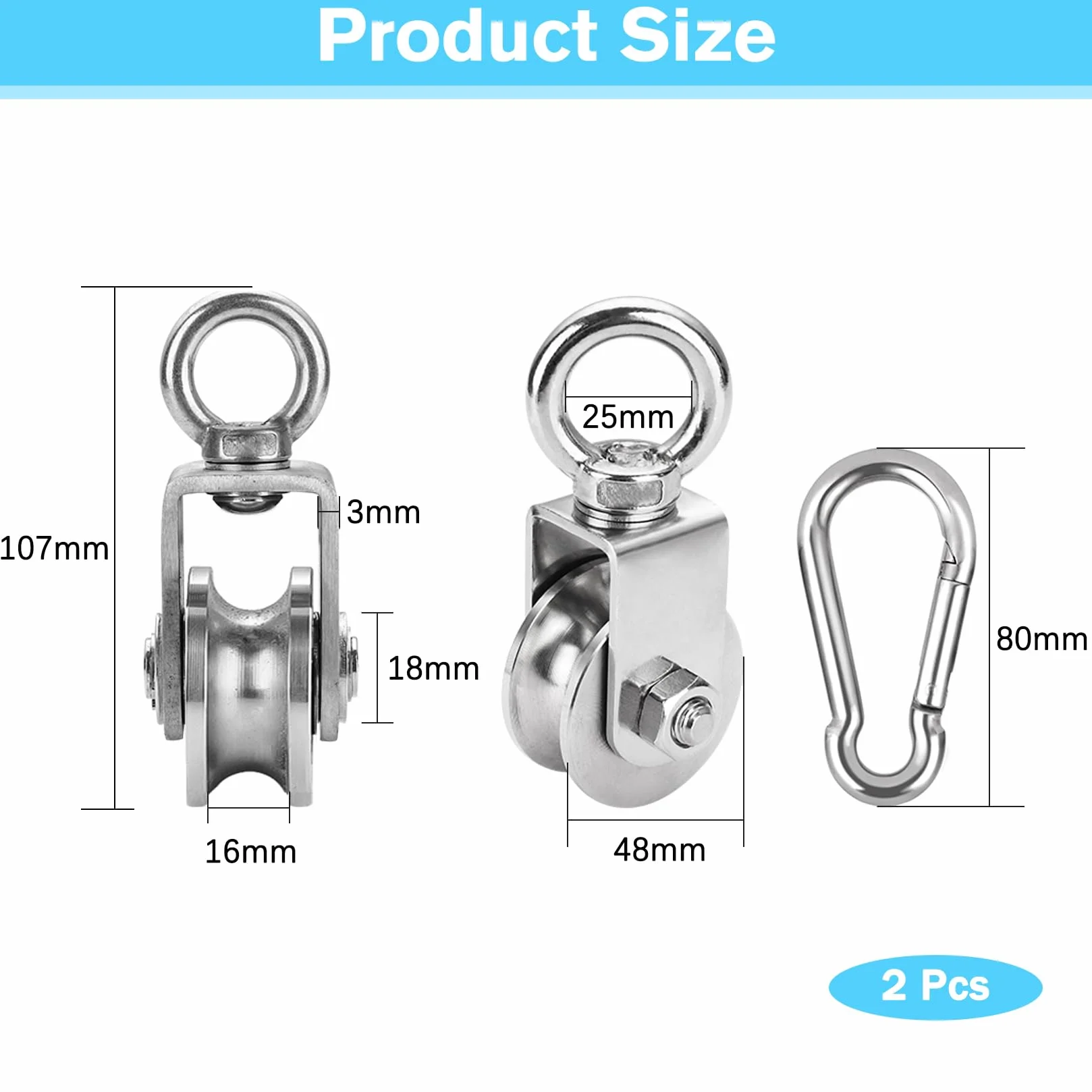 2 Piezas Polea Acero Poleas para Cuerda 16 mm Máximo, Poleas Gimnasio Carga de 500 kg (48mm)