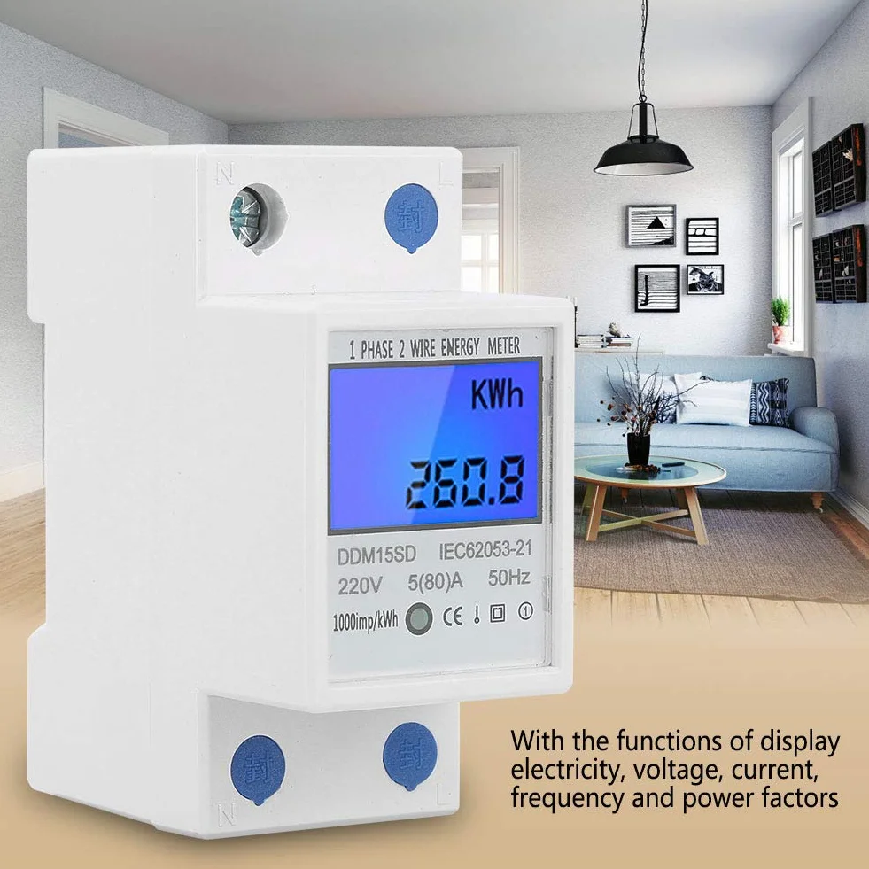 DDM15SD KWh Medidor de Energía Medidor de Energía Monofásico Pantalla Digital con Retroiluminación LCD 5-80a