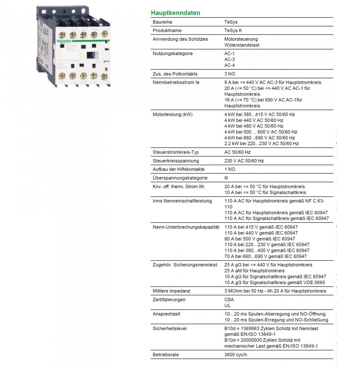 Schneider Electric LC1K0910P7 TeSys K Minicontactor 3P AC-3, 440 V 9 A, Bobina 230 V CA