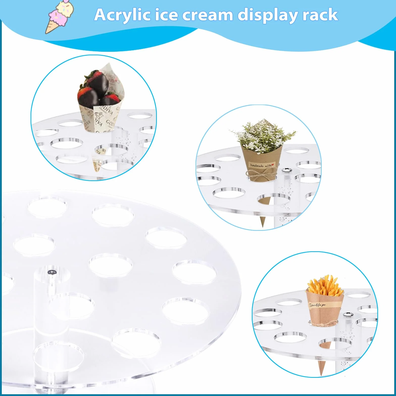 Soporte de Acrílico Transparente para Helado y Sushi - 16 Agujeros para Conos y Rollos de Mano