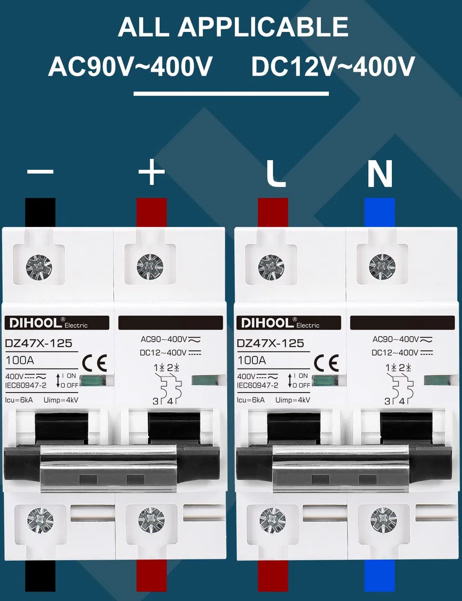 DIHOOL Disyuntor DC 12V interruptor de aislamiento controlador de fusión del sistema solar fotovoltaico DC-100A 2 polos (DC12V-DC400V o AC110-400V), con carcasa impermeable IP65