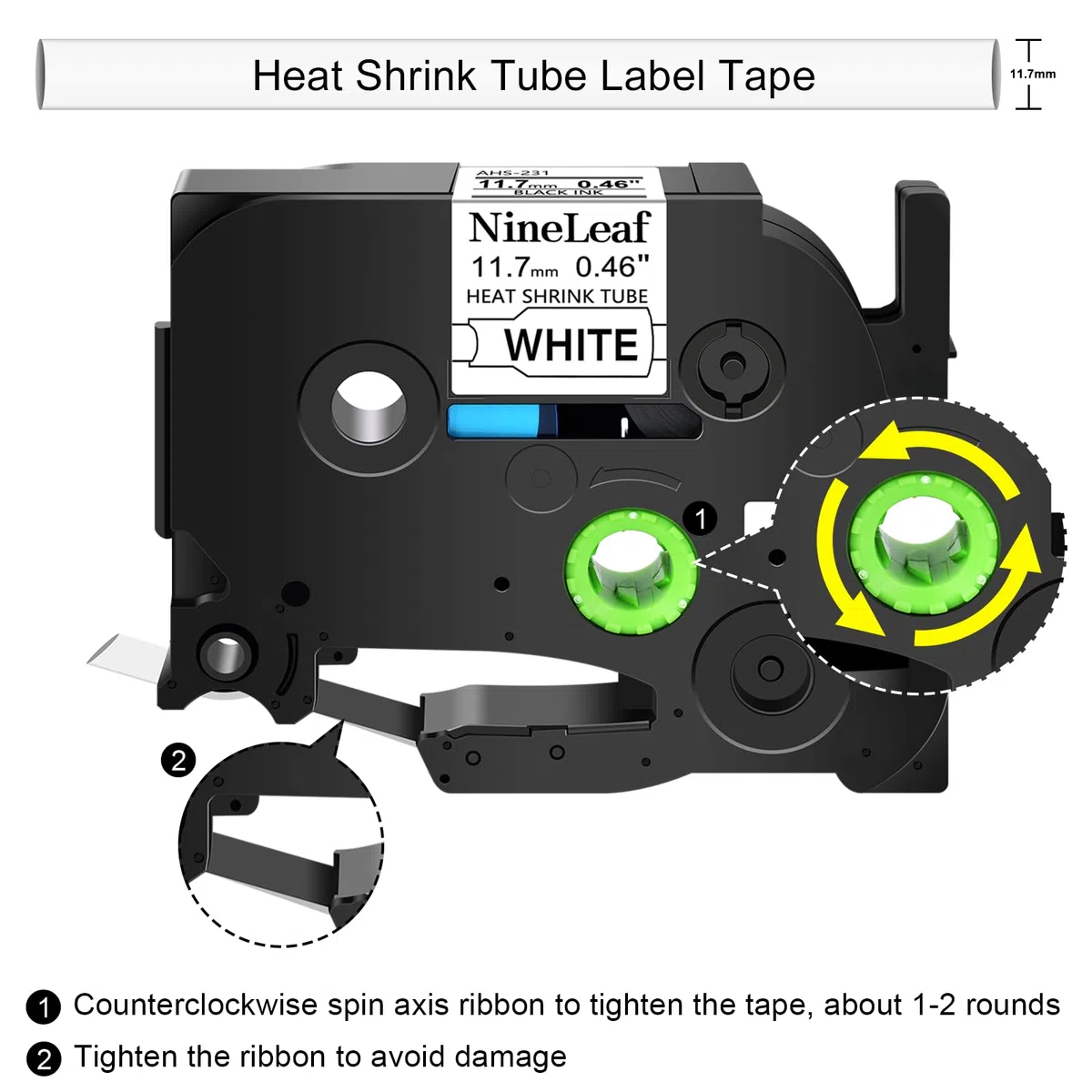 Nineleaf Cinta adhesiva termorretráctil de 12 mm, color negro sobre blanco, compatible con Brother P-Touch HSe-231, HSe231, HS231, HS-231, 11.7 mm, PT-E500, PT-E550W PT-P750WVP (2 unidades)