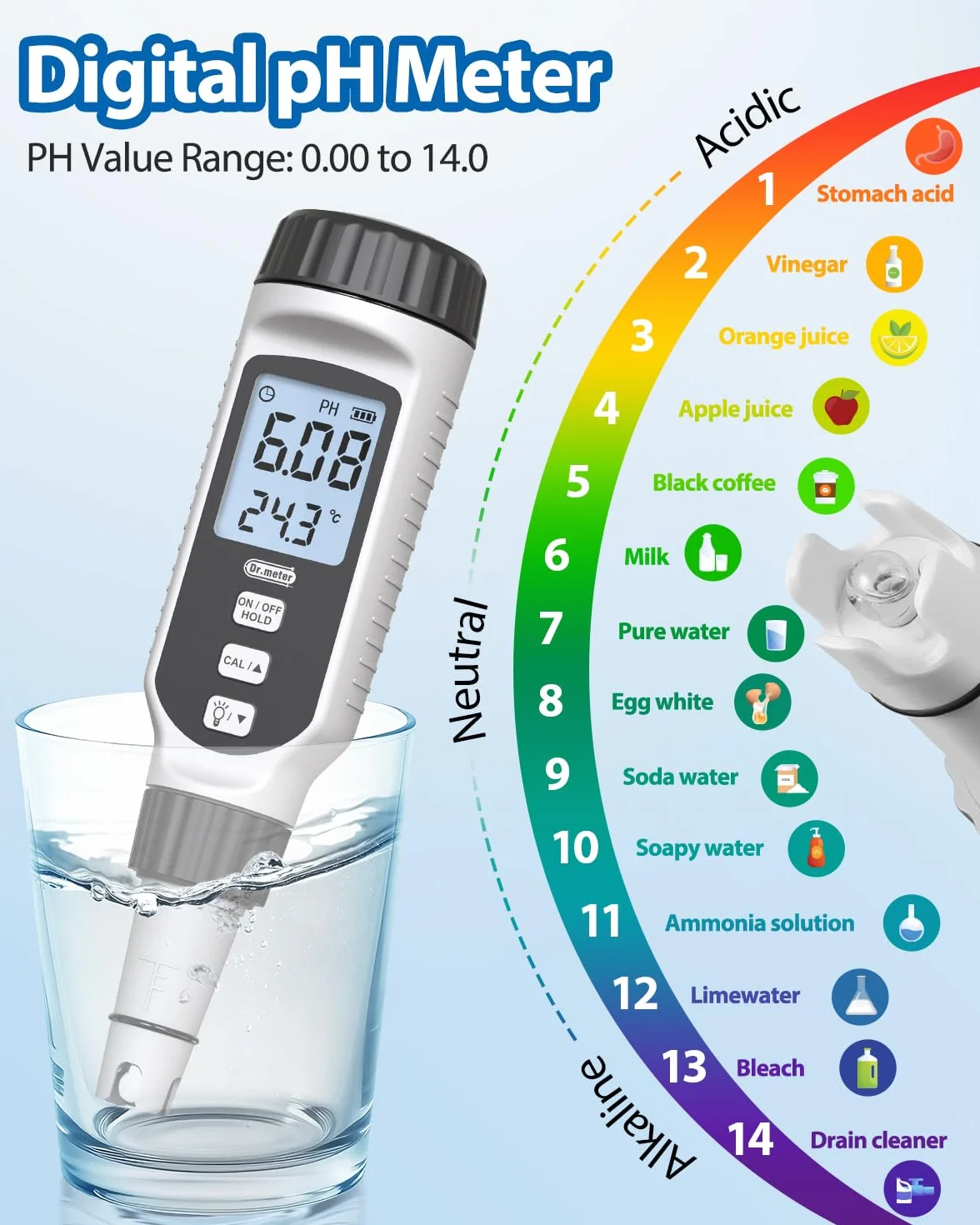 Medidor de PH, Dr.meter 2 en 1 Medidor de pH Digital con Pantalla LCD Precisión de PH 0.01 Medidor PH de 0-14 PH Calibração Automática para Aquários, Piscinas
