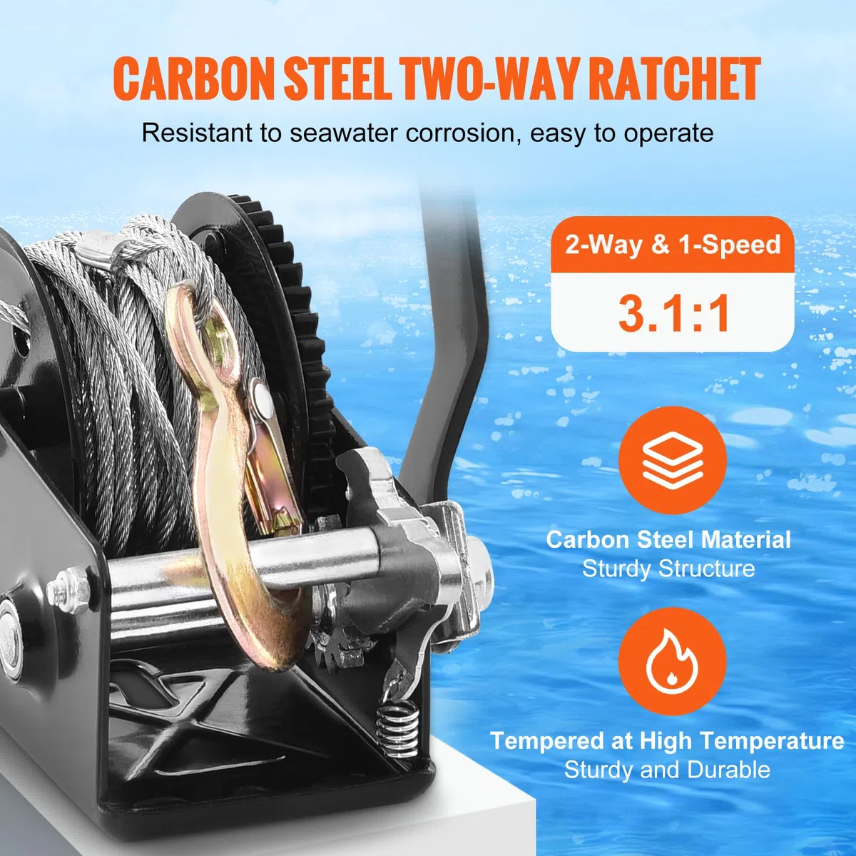 VEVOR Cabrestante Manual Capacidad de Tracción Cabrestante para Remolque de Barco 800 libras Manivela Resistente con Cable de Acero de 10 m con Trinquete Bidireccional para Remolque, Barco, ATV