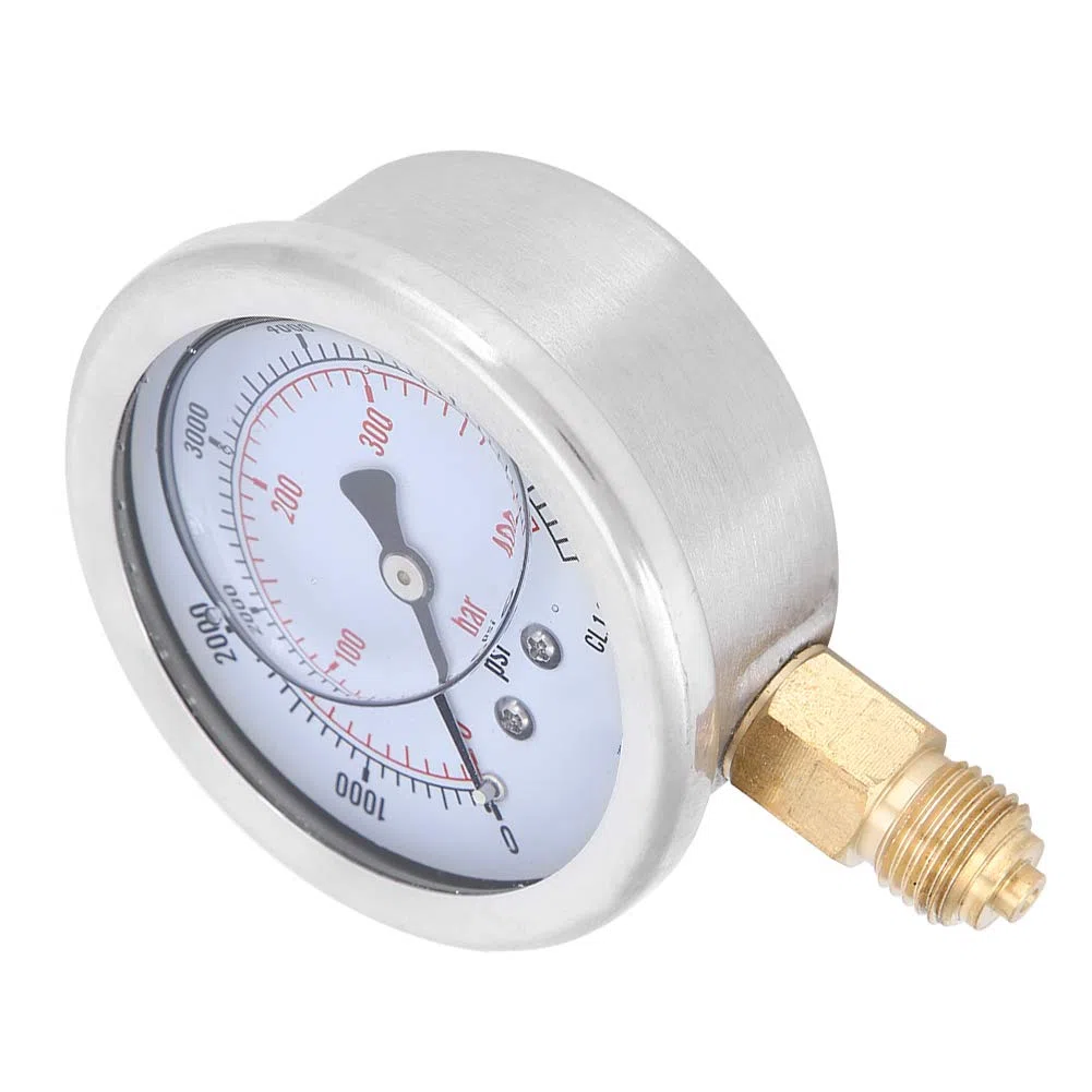 Manómetro de Presión 400 bar 6000 psi 1/4 BSP Radial Acero Inoxidable Latón Esfera Transparente para Sistemas Hidráulicos y Neumáticos