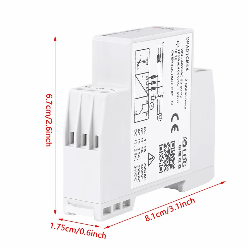 DPA51CM44 Relé de monitoreo trifásico, relé de monitoreo de corriente/voltaje Protector de secuencia de fase para trifásico, sin neutro, pérdida de fase y secuencia de fase incorrecta