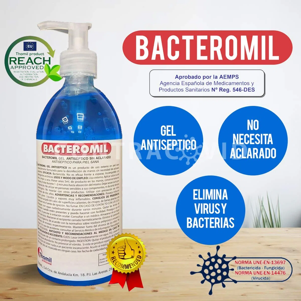 GEL HIGIENE DE MANOS SIN ACLARADO BACTEROMIL PACK 8 u X 500 ML C/BOMBA DOSIFICADORA