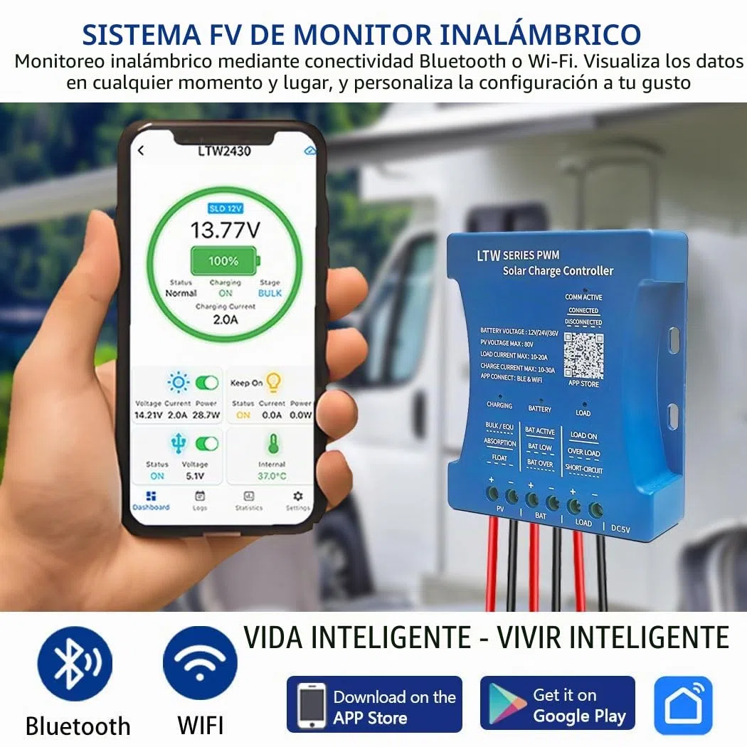 Y&H 30A Regulador de carga Solar Controlador de Carga solar Bluetooth regulador de carga solar 12V 24V panel solar controlador de carga solar inteligente PWM PV:50V para plomo ácido