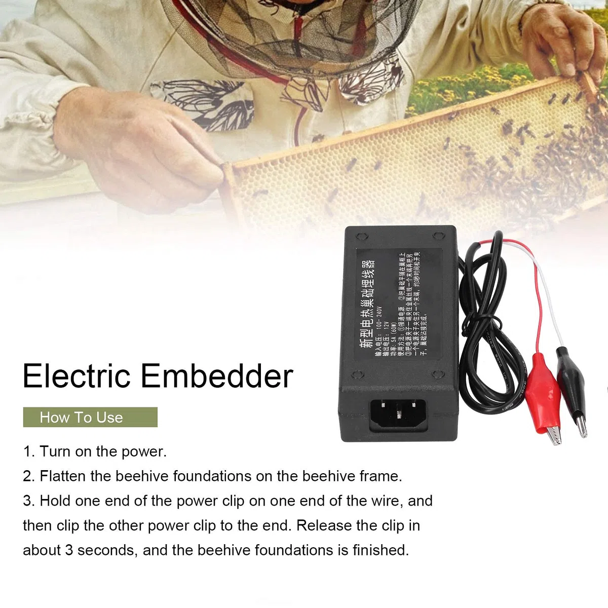 Incrustador de Alambre para Apicultura, Herramienta Eléctrica Profesional para Marcos de Colmena con Diseño Ligero 12x5.3x3.5 cm 100-240V para Apicultores