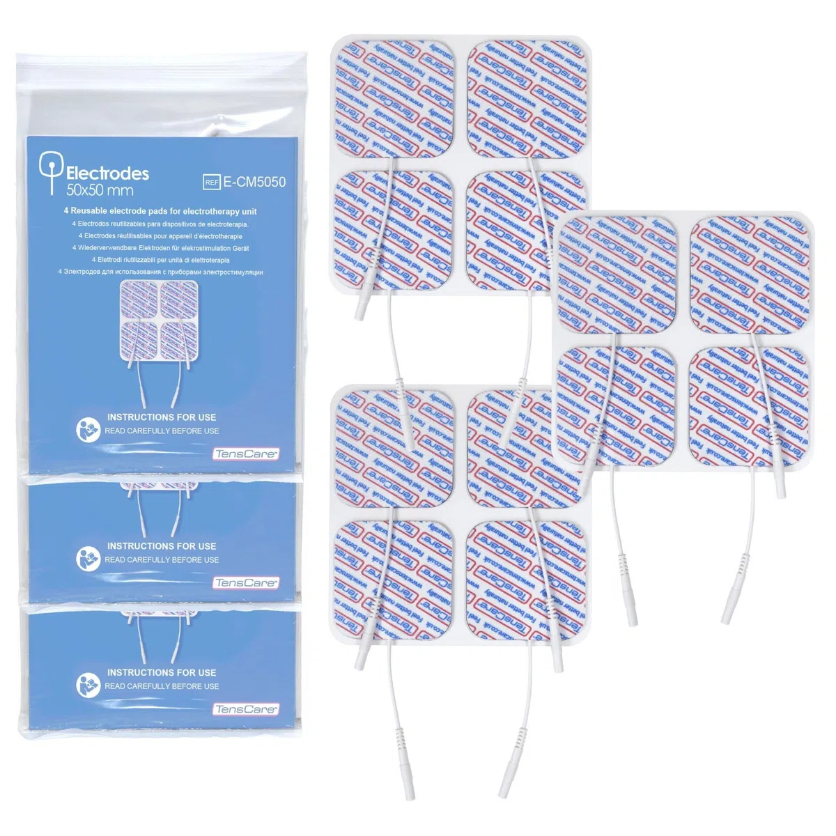 TENScare Juego de 3 paquetes de 4 electrodos superiores de 50 x 50 mm
