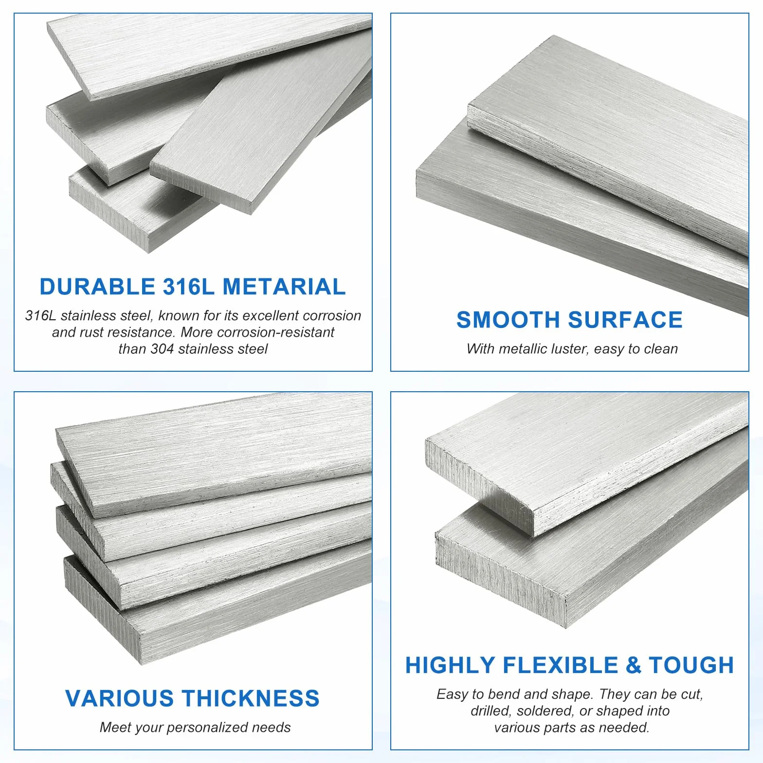 QUARKZMAN Barra Plana Acero Inoxidable 316L Longitud 300mm Ancho 50mm Grosor 4mm Tiras Metal Acabado Cepillado Para Bricolaje Cocina Artesanía Maquinaria Construcción Industria 1 Pieza