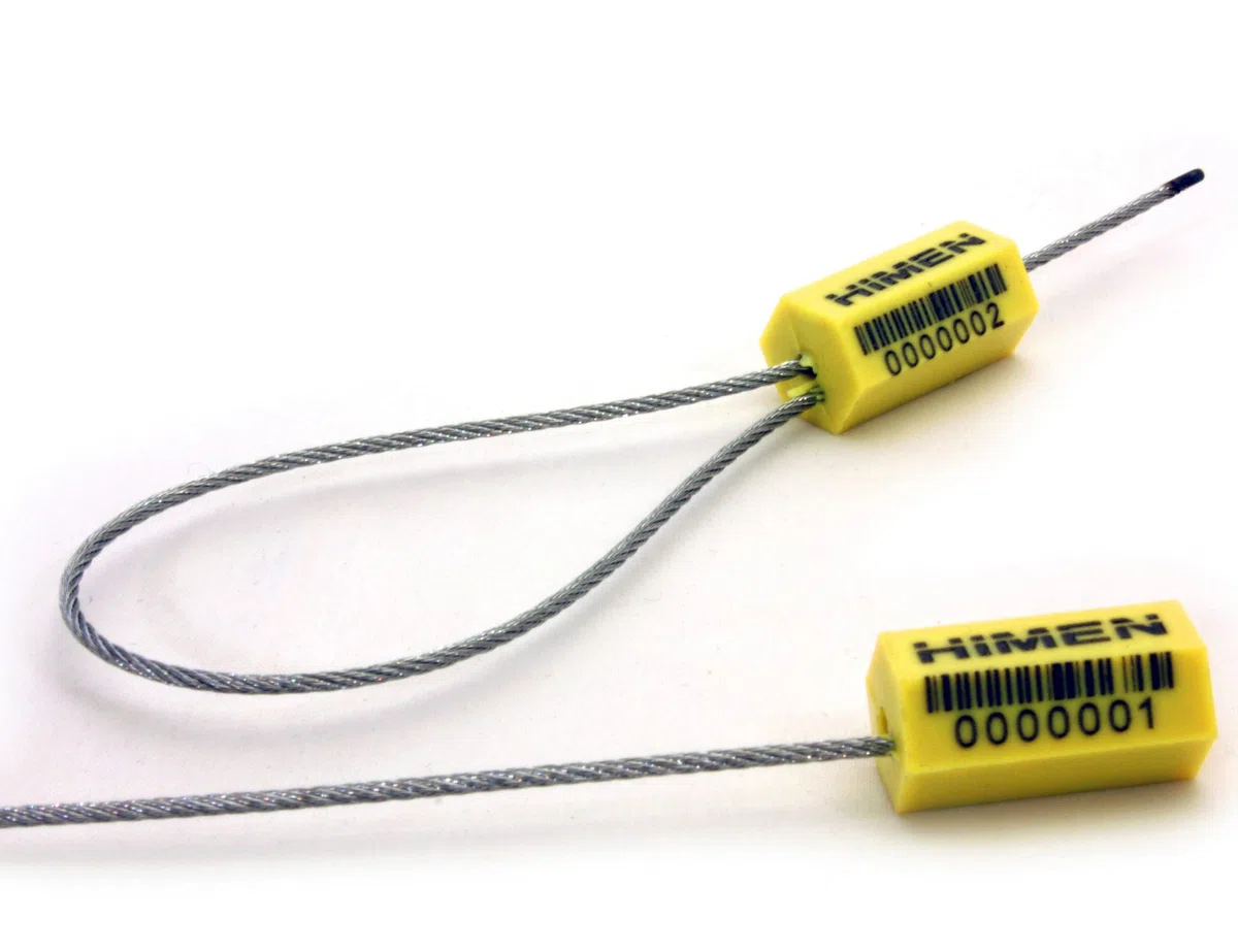 50 Precintos de Seguridad de metal con cable de HIMEN | numerados consecutivamente | con CÓDIGO DE BARRAS | Longitud 280 mm | PCS-1.8 | sellos | amarillo
