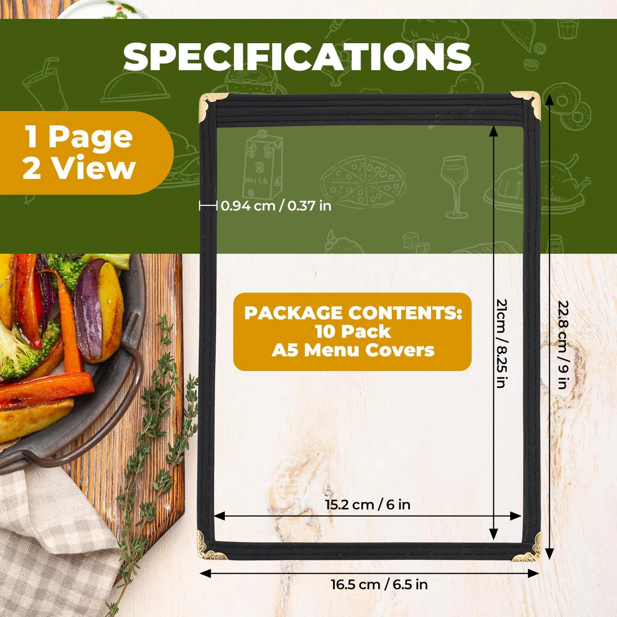 DASBET Cubiertas de menú A5, soporte para menús de restaurante, 1 página y 2 vistas, cubiertas de menú transparentes, carpeta de menús negra, libro de menús transparente con protectores de esquina de