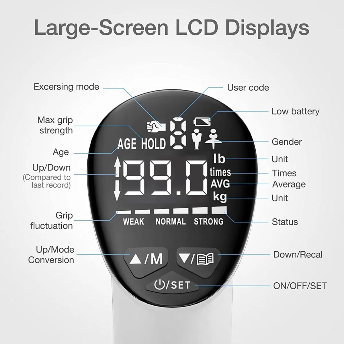 Dinamómetro de mano con pantalla LED, herramienta de medición de fuerza de agarre, probador digital de fuerza de agarre, medidor de fuerza de agarre portát , monitor de fuerza de agarre digital,