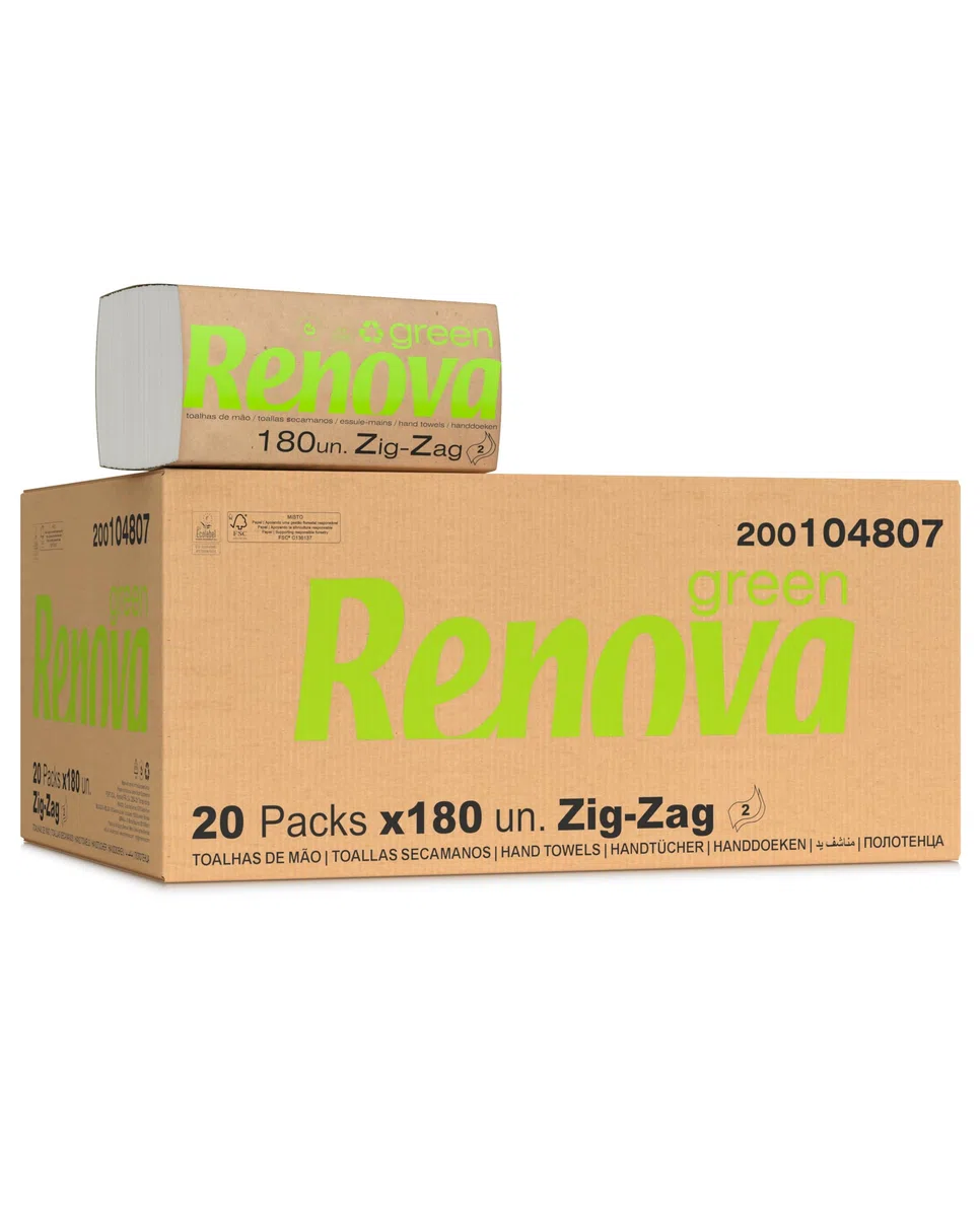Renova Toallas Secamanos Zig-Zag Renovagreen, Papel Reciclado 2 Capas, Certificado FSC y Ecolabel, 20 Paquetes de 180 Unidades, 3600 Toallas