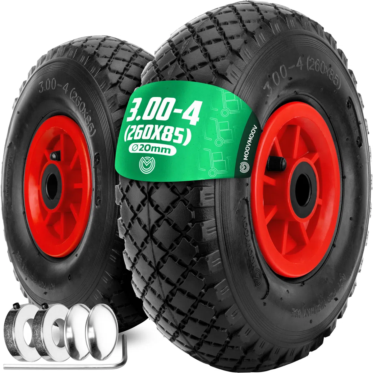 MOOVMOOV Ruedas Inflables 3.00-4 (260x85 mm) - para Carretilla, Carro, Carretón, etc. Rueda Completa: Neumático + Cámara de Aire con Válvula Acodada + Llanta de PVC Roja con Rodamientos de Rodillos