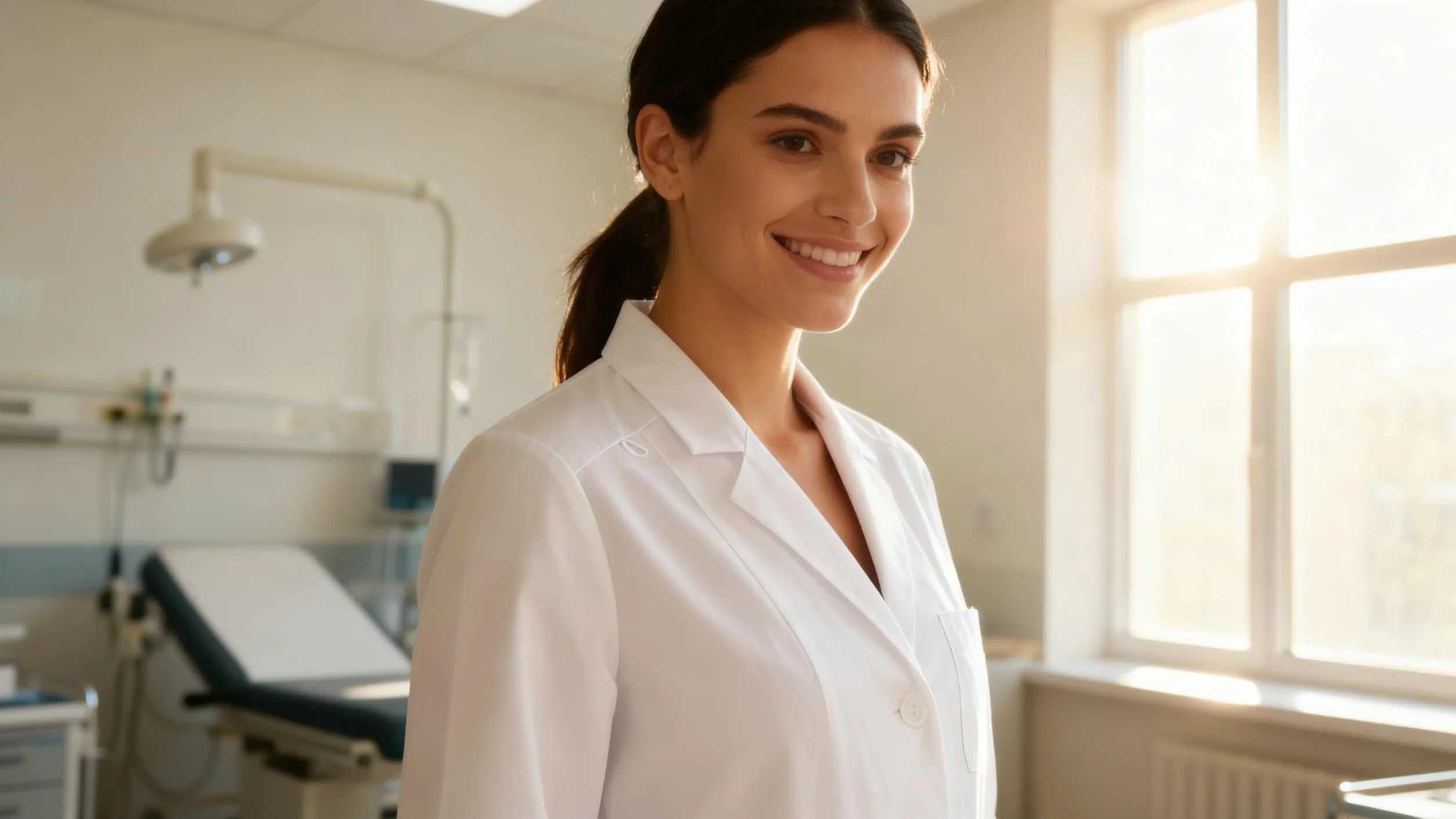 B-well Livia - Bata médica corta para mujer, color blanco, con cuello de solapa, manga larga, 3 bolsillos, tira de botones, para enfermería y clínica
