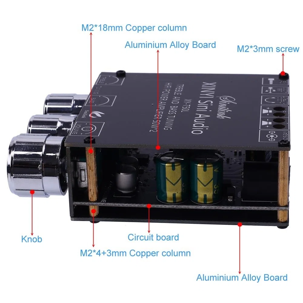 Tablero amplificador Bluetooth, DC 5V-26V amplificador de audio módulo 2.0 canal 50W* 2 BLE5.0 agudos graves AUX/U-disco de audio APP controlador