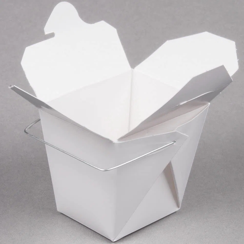 Caja de papel blanco asiático chino con mango de alambre, resistente a fugas y grasa apilable para ir cajas (25, 16 onzas)
