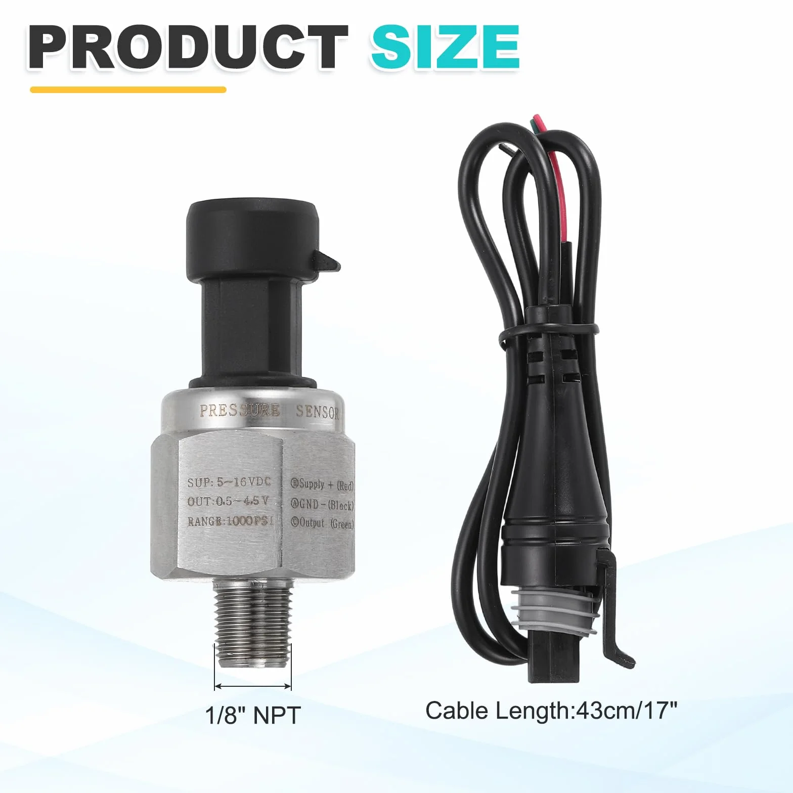 QUARKZMAN Sensor Emisor Transductor De Presión Con Conector, 1/8" NPT 1000 PSI Transmisor De Presión De Acero Inoxidable Para Aceite Combustible Agua Aire