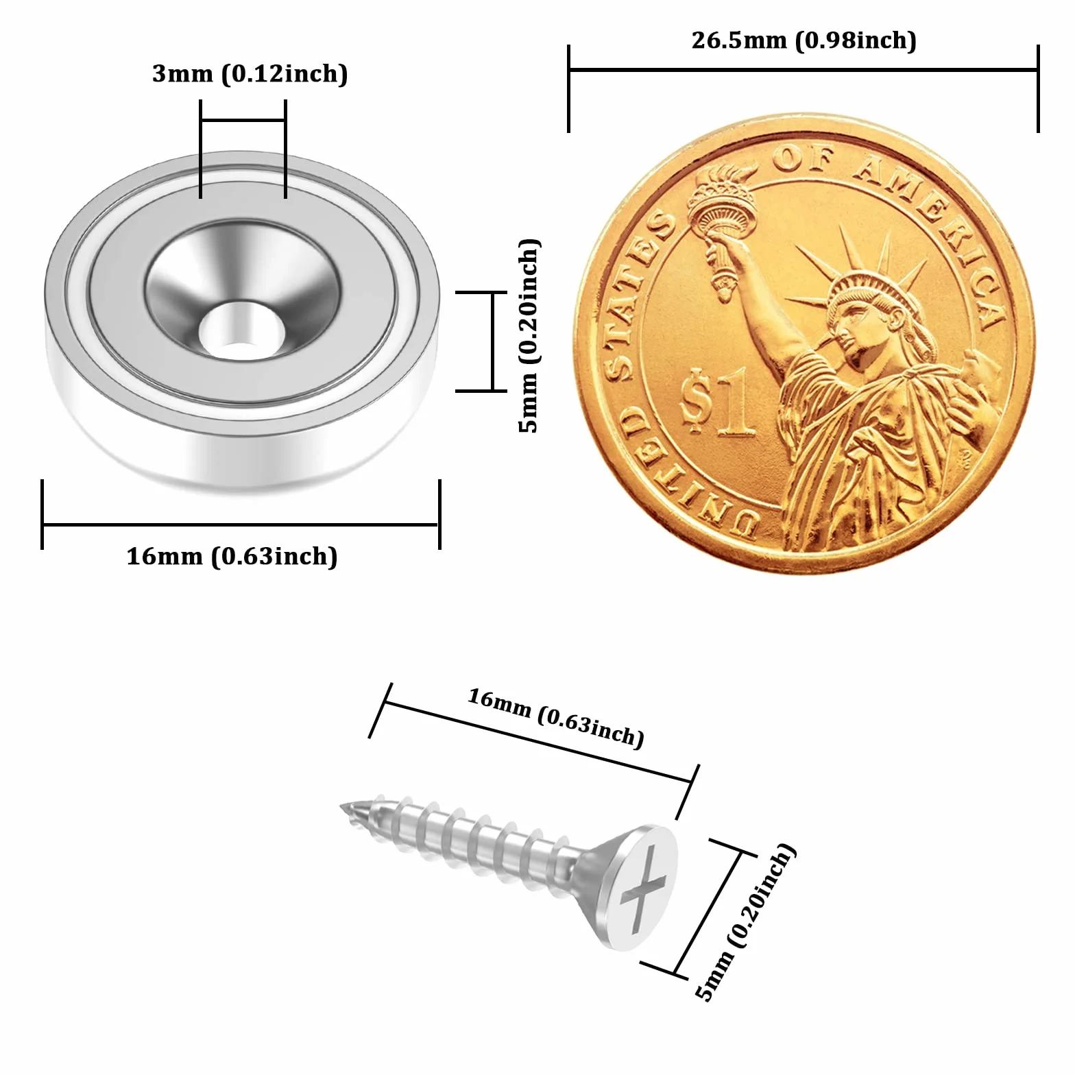MIN CI 28 imanes de neodimio fuertes, 6 kg (13 libras), imanes con agujero de 16 x 5 mm, tornillos magnéticos, grandes, redondos, para pizarra magnética, cocina, herramientas, llaves, imanes de olla