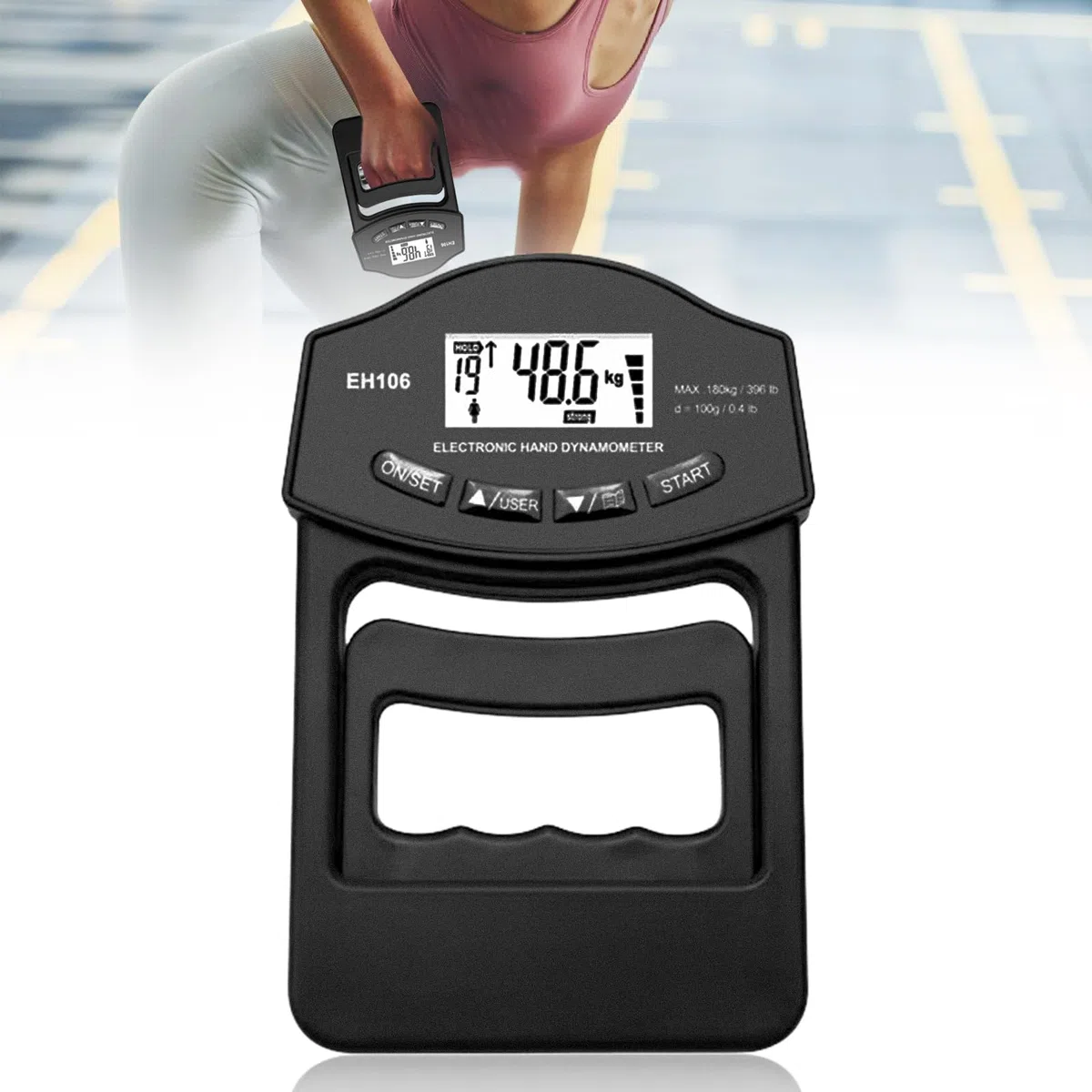 Medidor de fuerza digital manual, 396lb/180kg, dinamómetro de mano, inteligente y sensible, agarre de fuerza electrónica, gran pantalla LED con cable de carga USB