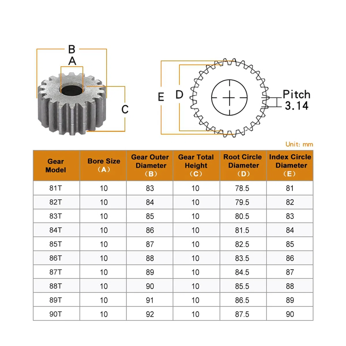 1 unidad 1 módulo 81T/82T/83T/84T/85T/86T/87T/88T/89T/90T engranaje recto de Motor plano de acero al carbono plateado