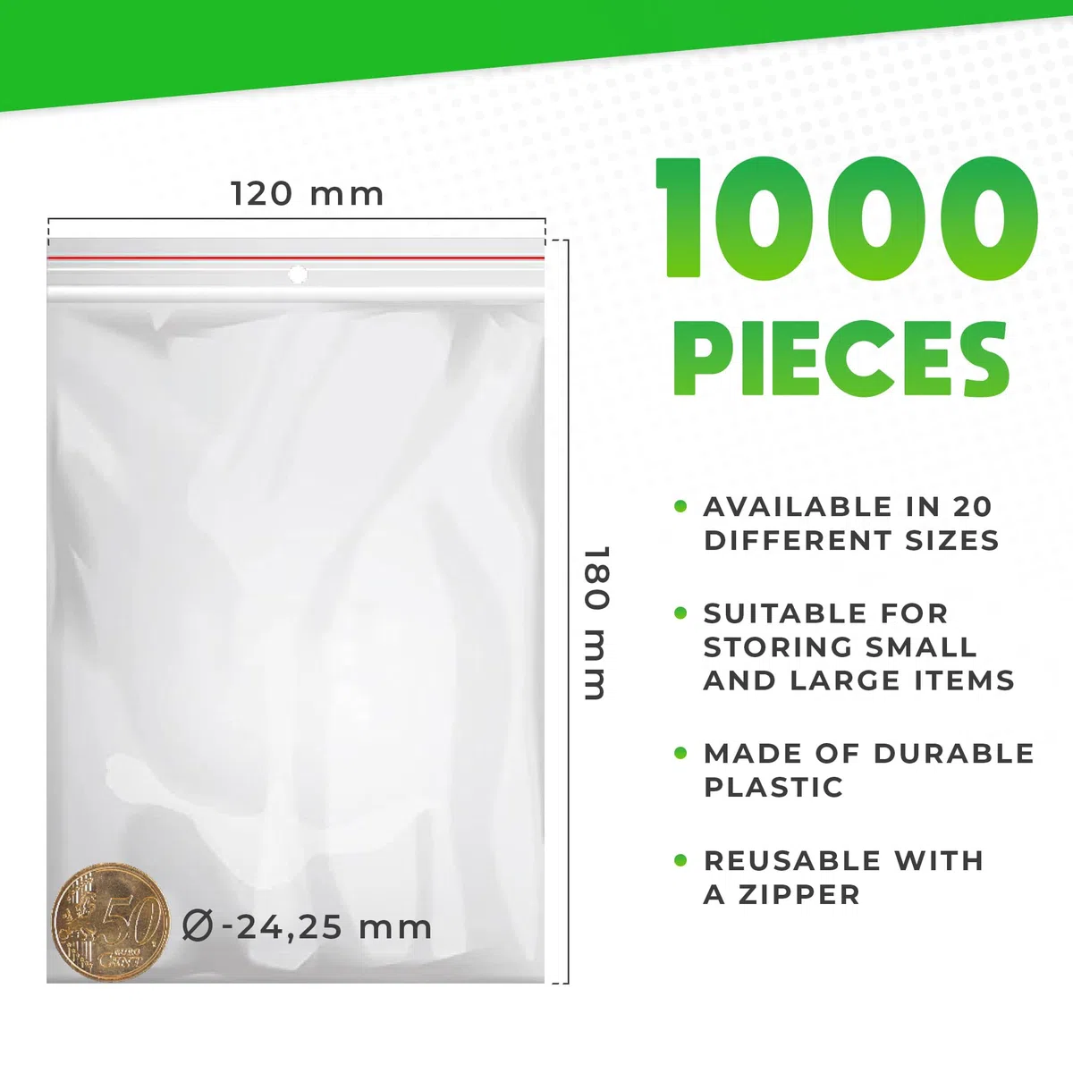 V1 TRADE Juego de bolsas con cremallera, 1000 unidades, 120 x 180 mm, robustas bolsas con cierre a presión, bolsas reutilizables para una mejor organización, bolsas de plástico con cierre