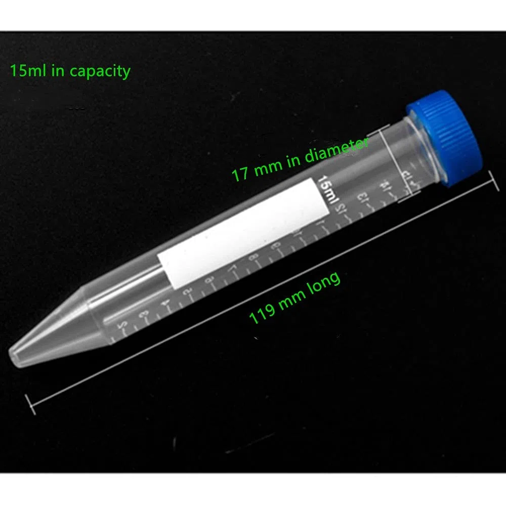 100 tubos centrífugos de plástico de 15 ml, tapa de rosca azul, base cónica, graduación marcada