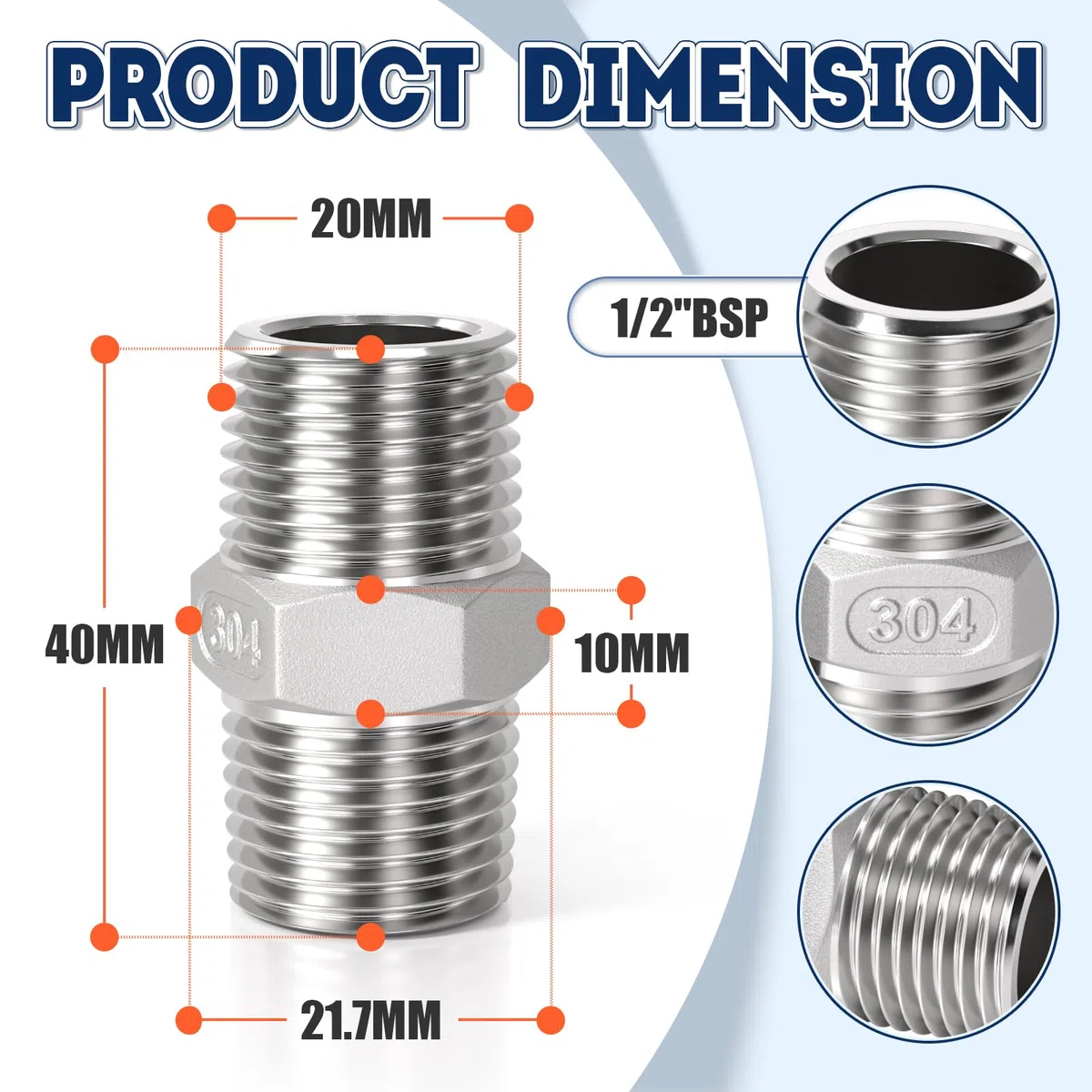 Bwintech 6 piezas de rosca macho de 1/2 pulgada a macho de 1/2 pulgada BSP rosca de acero inoxidable 304 hexagonal para conversión de conexión de tuberías