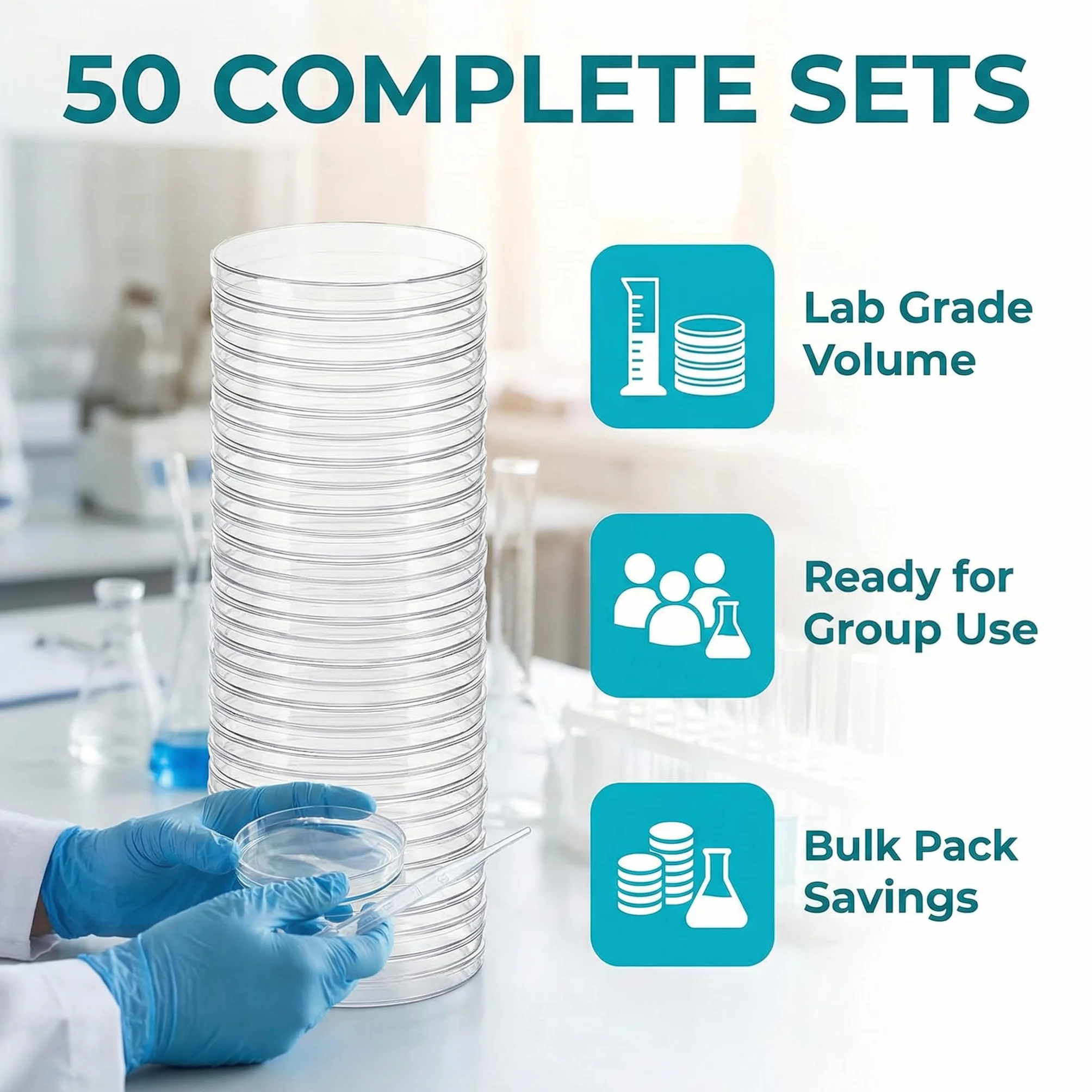 50 PCS Placas de Petri Plastico 90mm x 15 mm, Placa de Petri para Cultivo con Tapa, Estéril Transparente, Placa Laboratorio con Gotero para Escuela, Levadura Bacteriana, Cultivo de Laboratorio