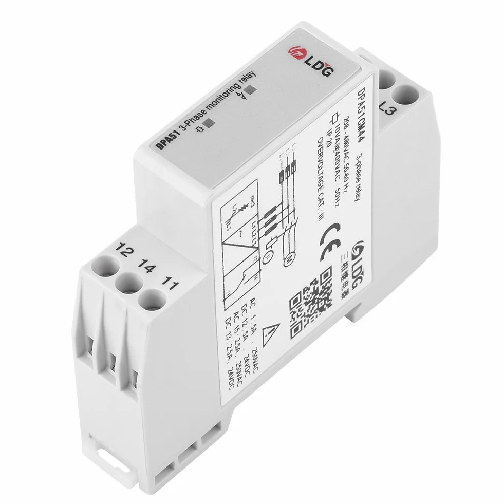DPA51CM44 Relé de monitoreo trifásico, relé de monitoreo de corriente/voltaje Protector de secuencia de fase para trifásico, sin neutro, pérdida de fase y secuencia de fase incorrecta