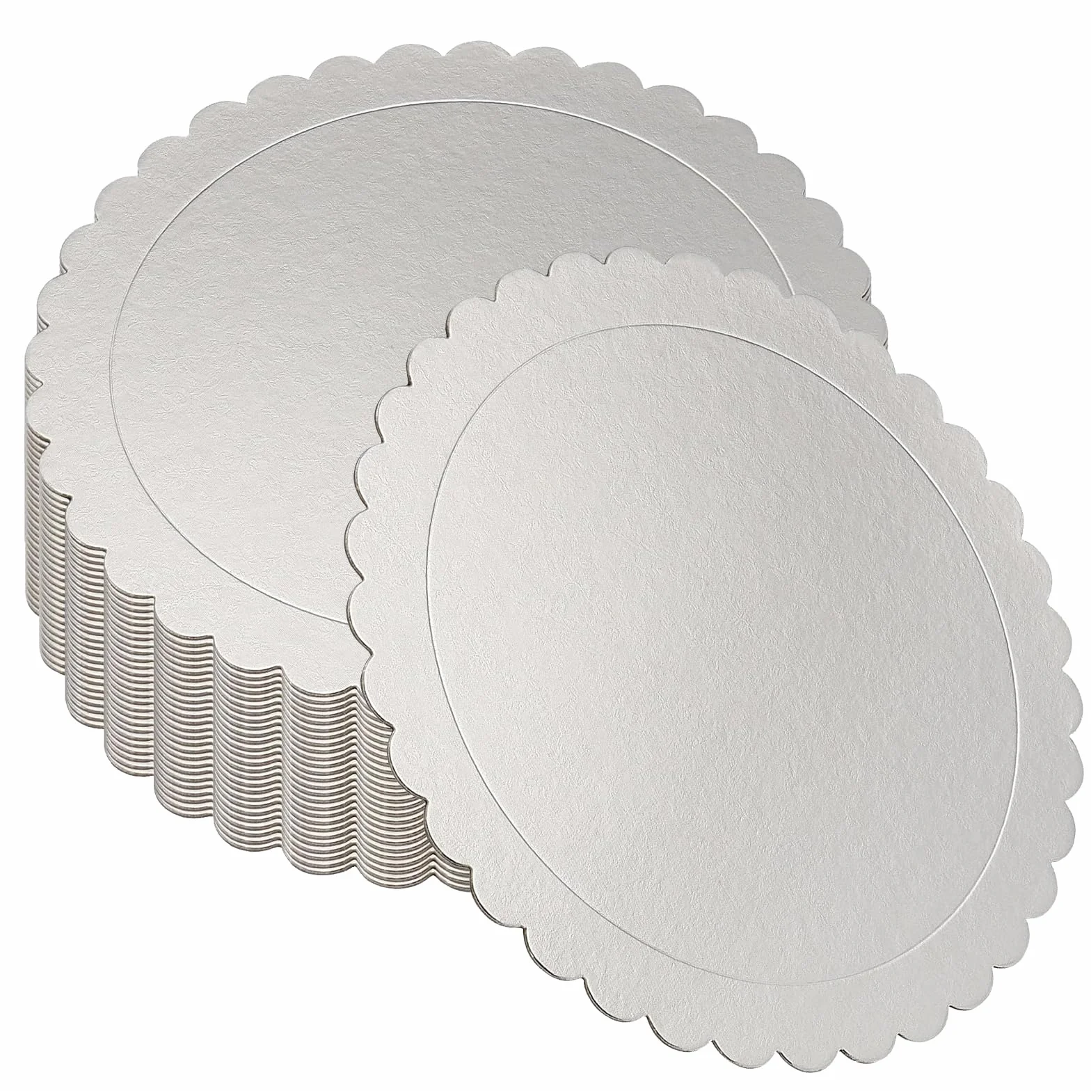 PINGEUI Paquete de 30 bandejas redondas para tartas de 25,4 cm, de cartón plateado de 2 mm de grosor, base festoneada para tartas, fiestas, bodas, decoración de pasteles