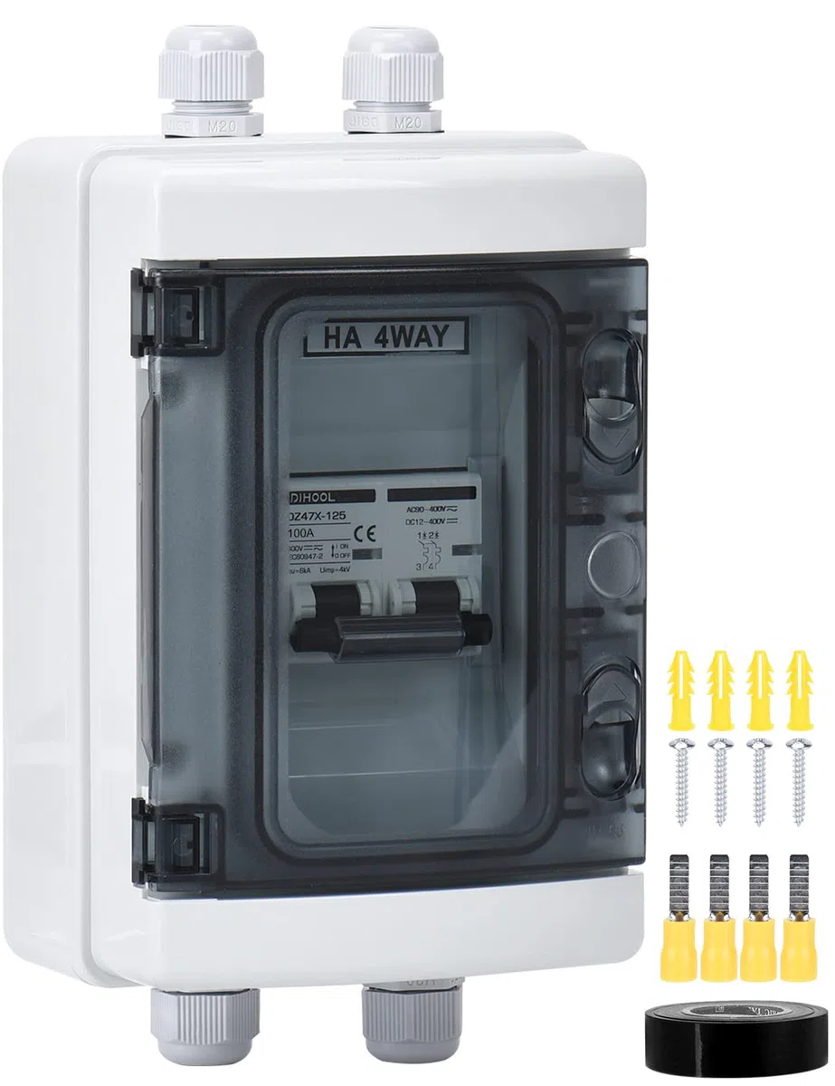 DIHOOL Disyuntor DC 12V interruptor de aislamiento controlador de fusión del sistema solar fotovoltaico DC-100A 2 polos (DC12V-DC400V o AC110-400V), con carcasa impermeable IP65