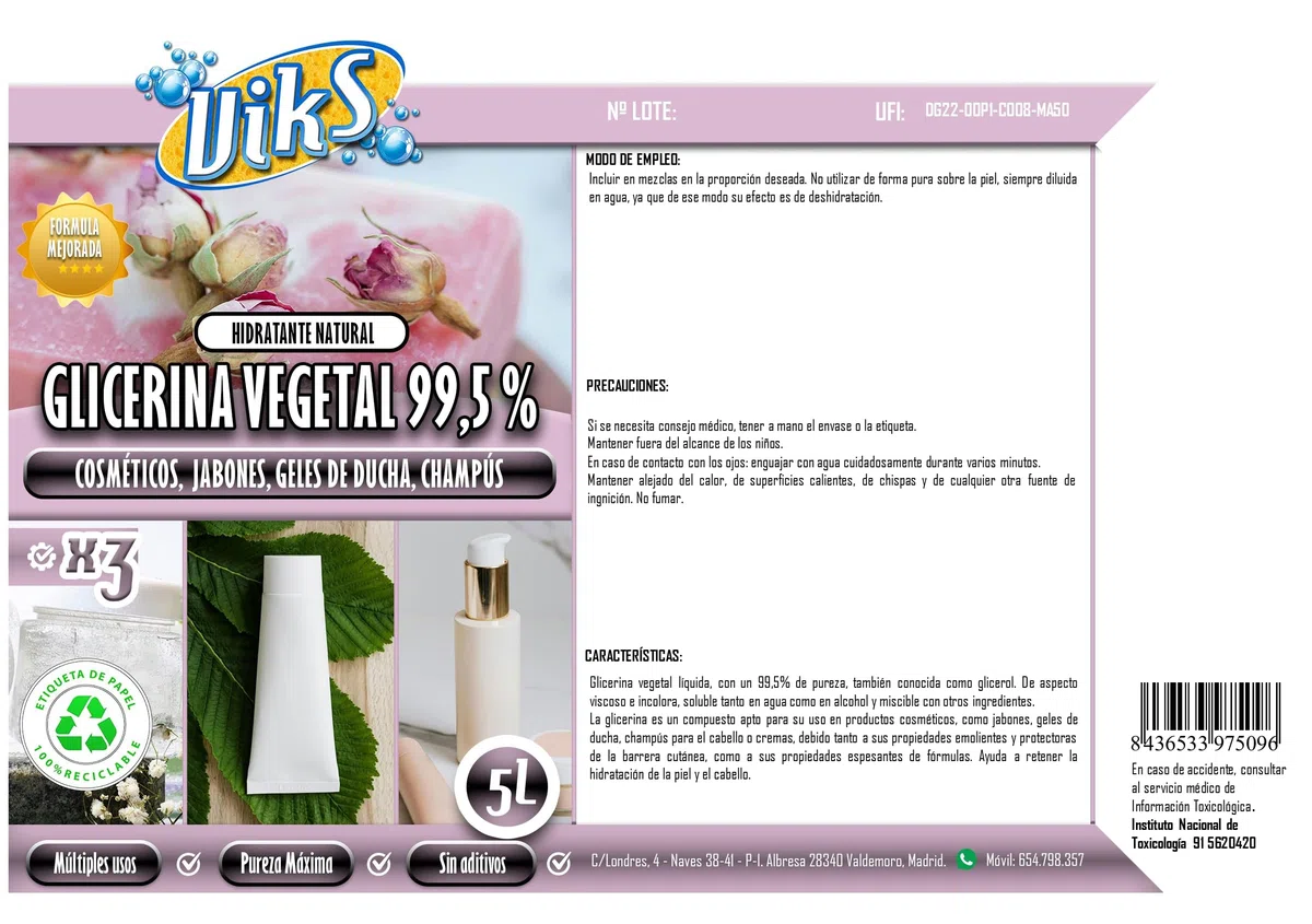 Viks | GLICERINA VEGETAL 99,5% PURO 5L | Para uso cosmético: jabones, geles, champús, cremas | Glicerol incoloro y soluble en agua y alcohol | 5 Litros