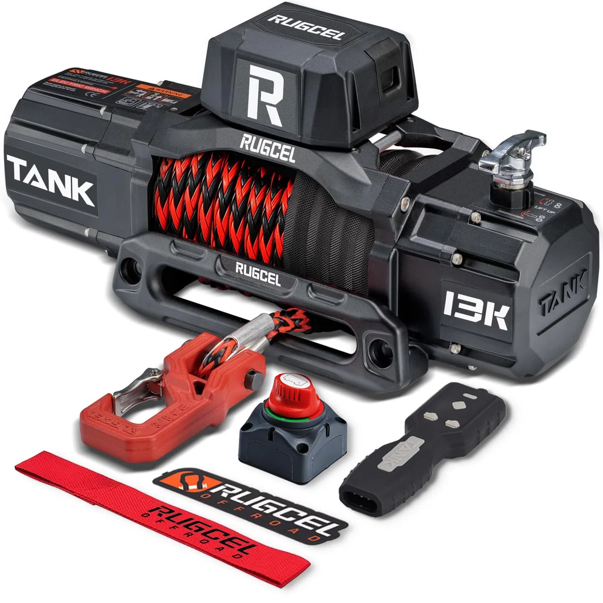 RUGCEL WINCH 13500 lb de cuerda sintética Cabrestante eléctrico impermeable de 12V, control remoto inalámbrico 2 en 1, para SUV, camioneta y remolque - Serie TANK