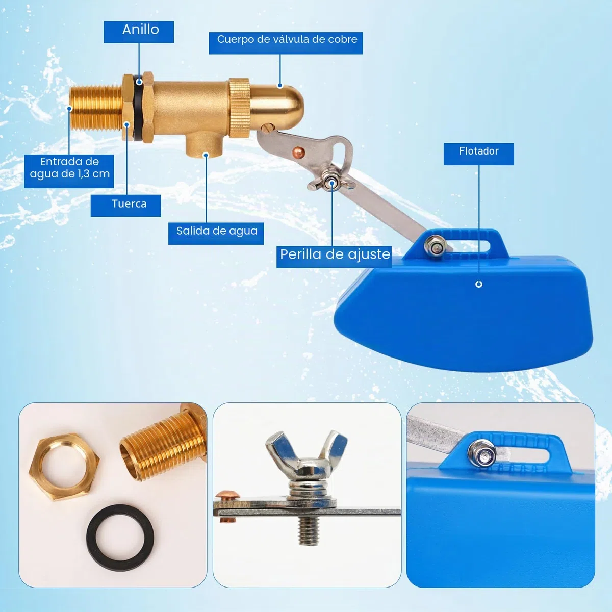 Válvula De Agua De Latón De 1/2 Pulgada, Válvula De Flotador Automática Para Piscinas, Cisternas, Cubos, Bebederos para animales, Azul