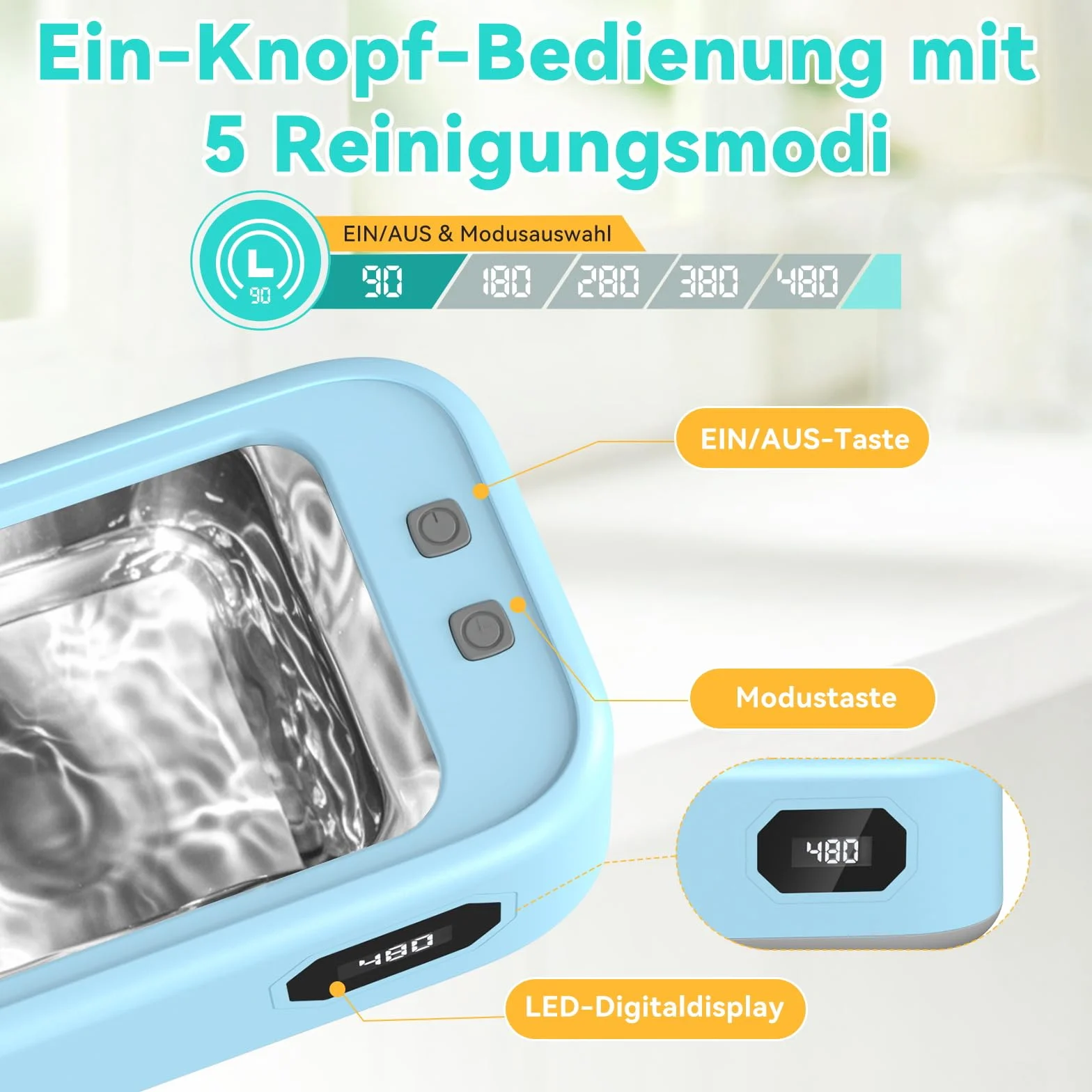 Limpiador Ultrasonidos, 640ml Ultrasonidos Limpieza con 5 modos, 40W Limpiador Ultrasónico, 49000 HZ Ultrasonic Cleaner para Joyas, Gafas, Relojes, Dentaduras, con Pinzas y Paño de Limpieza（azul）