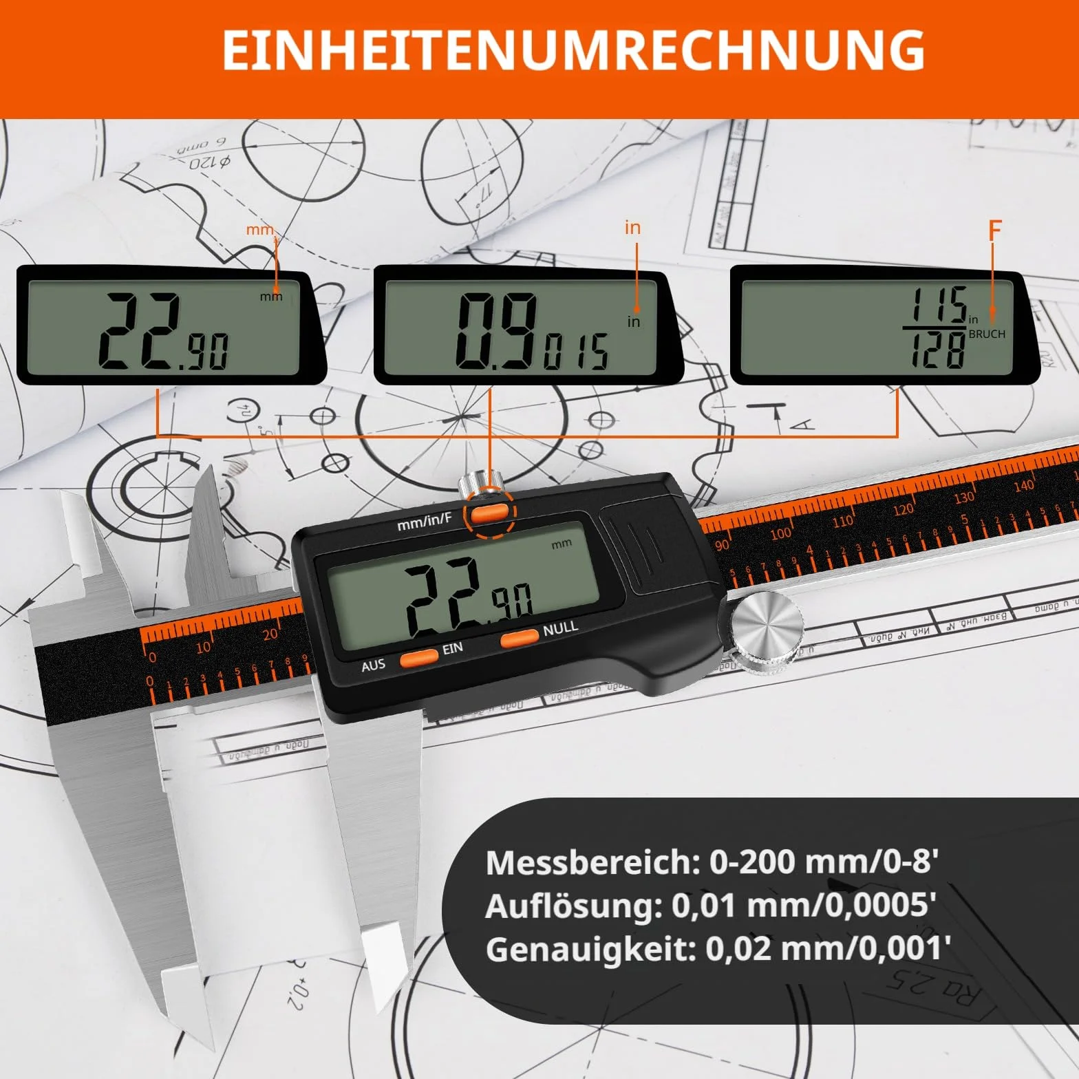 HARDELL Calibrador Digital 0-8 Pulgadas, Pantalla LCD Grande, Acero Inoxidable, Apagado Automático, Medición en Pulgadas/Milímetros/Fracciones, Impermeable, Herramienta de Precisión para Bricolaje